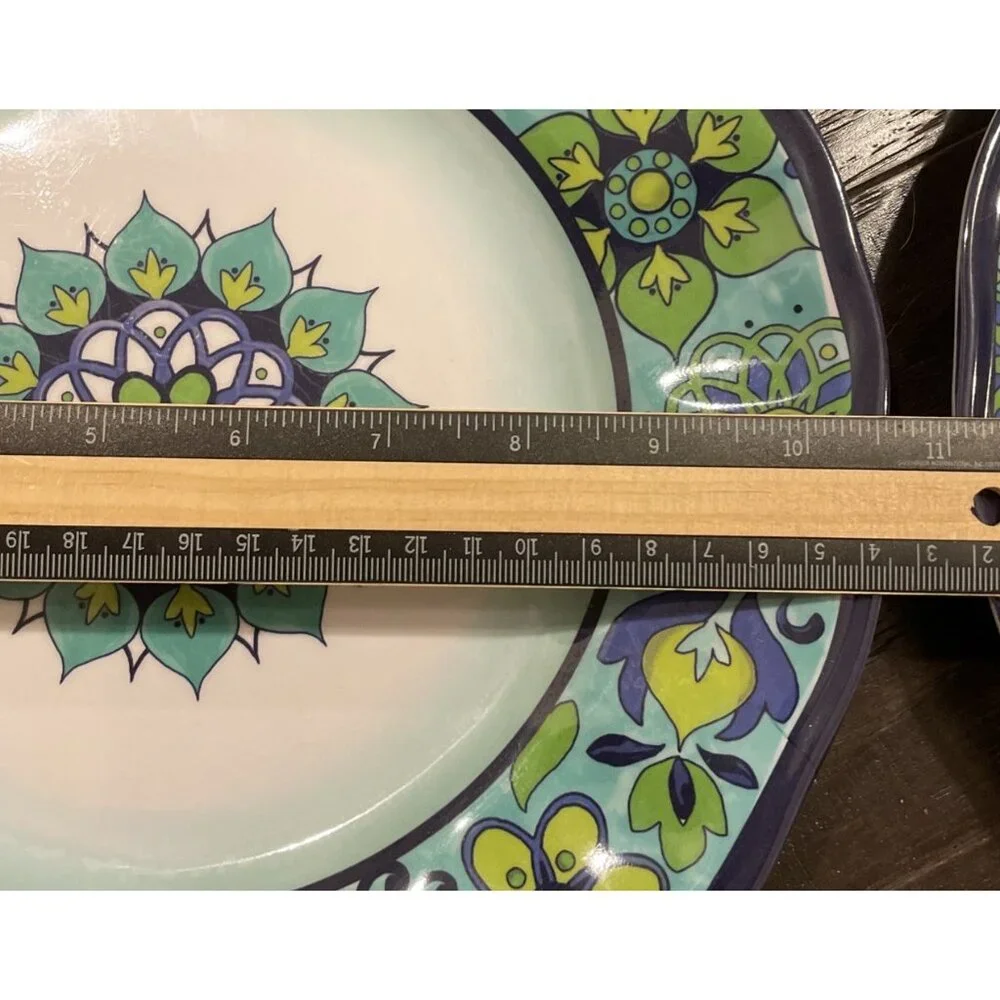 Melamine Dinner Plates Blue Colorful‎ Floral Flowers Set Of 4 Boho Cottage Beach